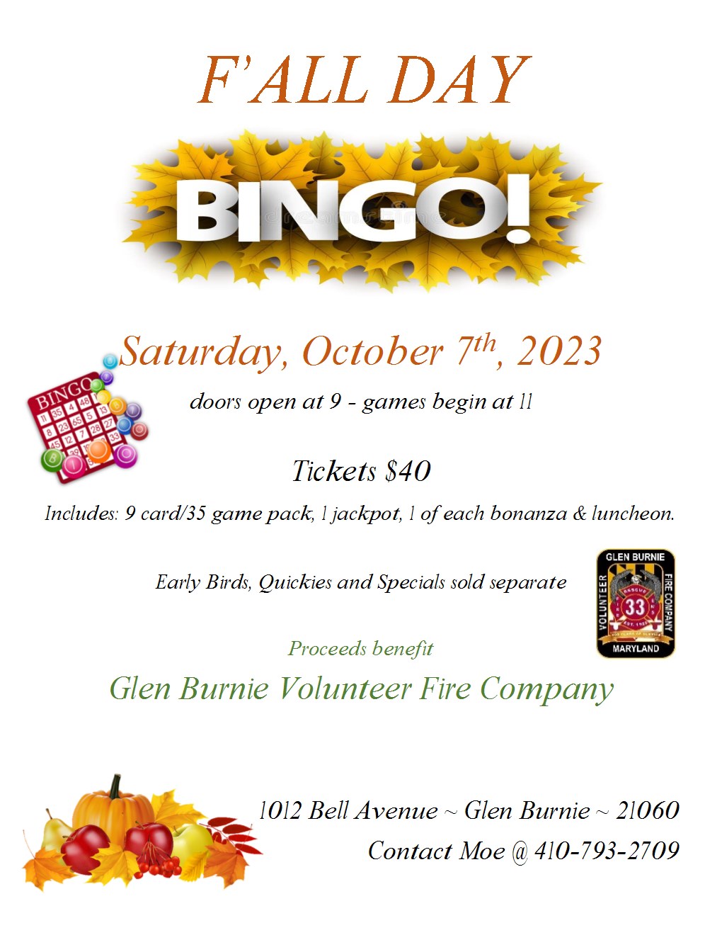 F'ALL DAY Bingo Glen Burnie Volunteer Fire Company